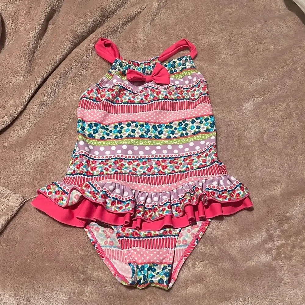 Foatimini 6 pink striped ruffled at waistline one pice swimsuit euc